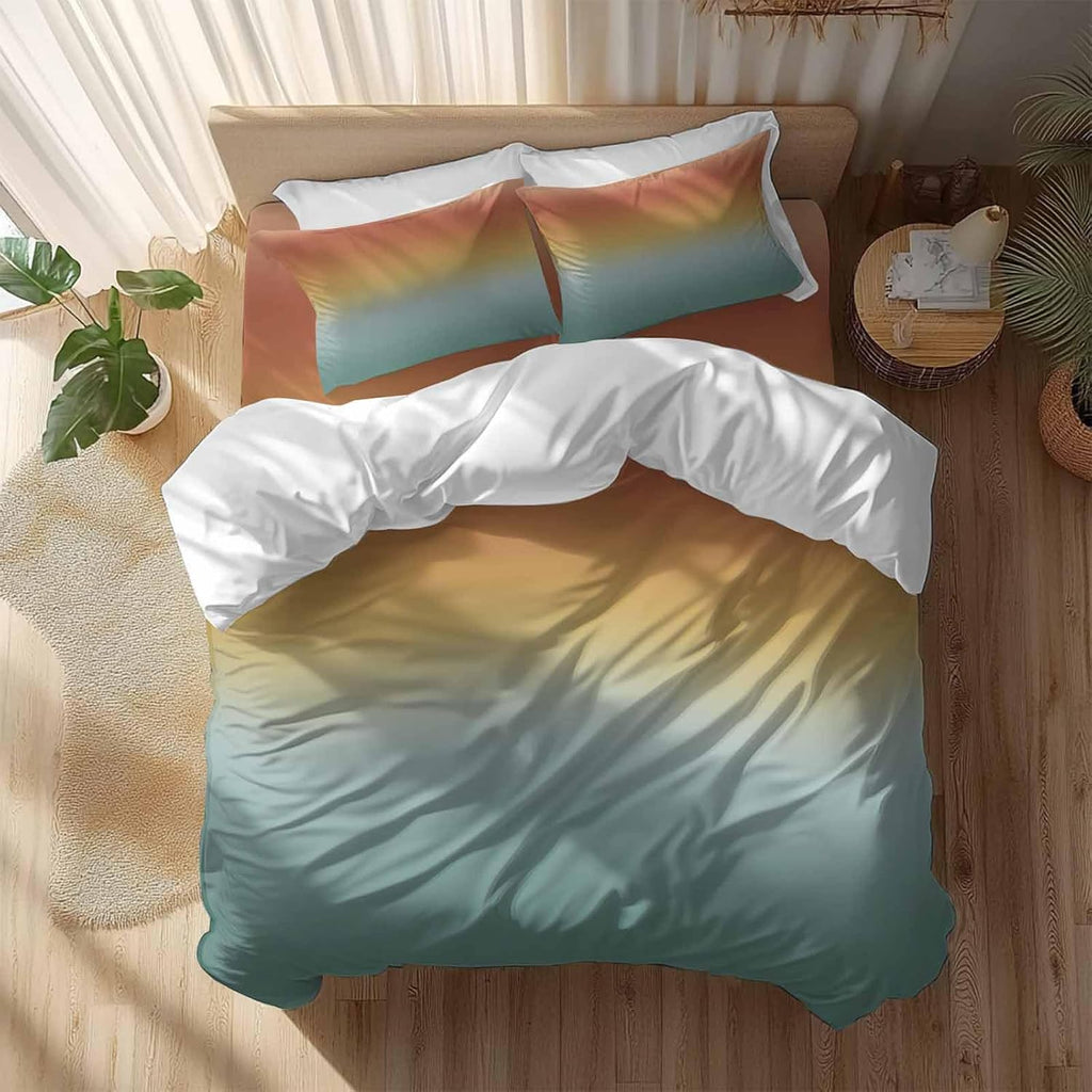Bohemian Gradient Green Duvet Cover Set Queen Size 4 Pieces Modern Minimalist Orange Yellow Ocean Beach Bedding Set with Zipper Closure, 1 Comforter Cover 86x86 Inches 1 Flat Sheet & 2 Pillow Cases