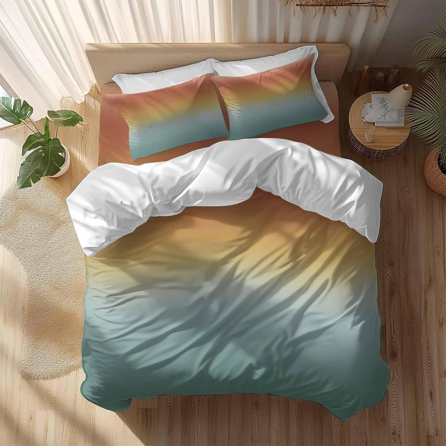 Bohemian Gradient Green Duvet Cover Set Queen Size 4 Pieces Modern Minimalist Orange Yellow Ocean Beach Bedding Set with Zipper Closure, 1 Comforter Cover 90x92 Inches 1 Flat Sheet & 2 Pillow Cases