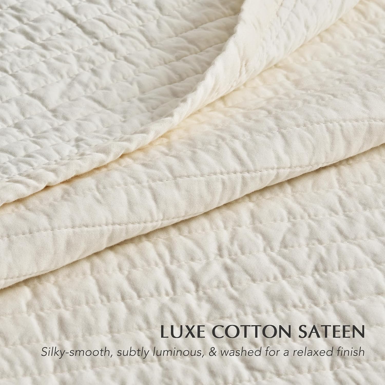 EVERGRACEHOME Cotton Sateen Quilt Set King Size, Pre-Washed Cotton Channel Stitch Coverlet Bedspread, 3 Pieces Lightweight Soft Bedding Sets for All Season, with 2 Pillow Shams, Cream