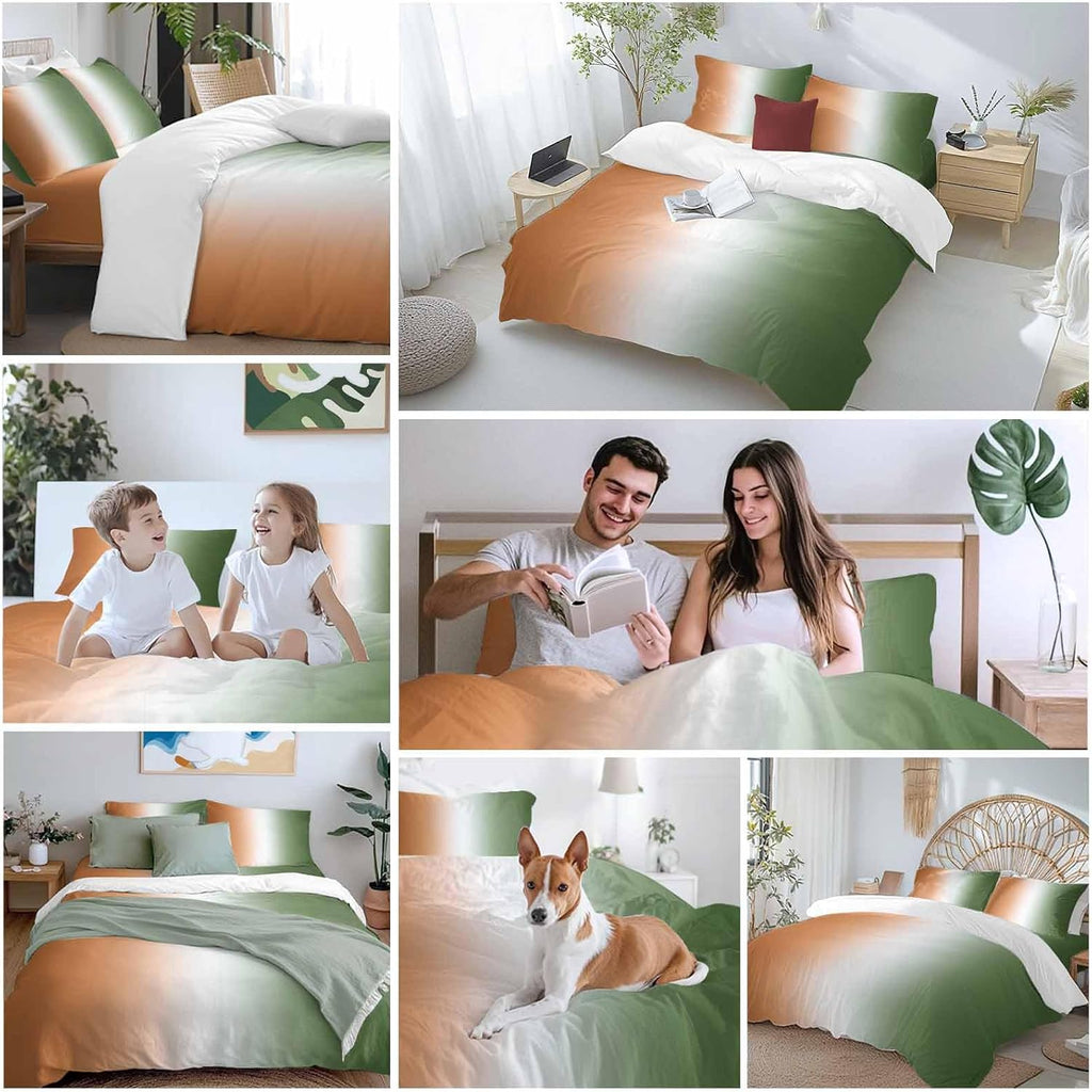 Gradient Sage Green Duvet Cover Set Queen Size 4 Pieces Modern Minimalist Sage Green Orange Ocean Beach Bedding Set with Zipper Closure, 1 Comforter Cover 90x92 Inches 1 Flat Sheet & 2 Pillow Cases