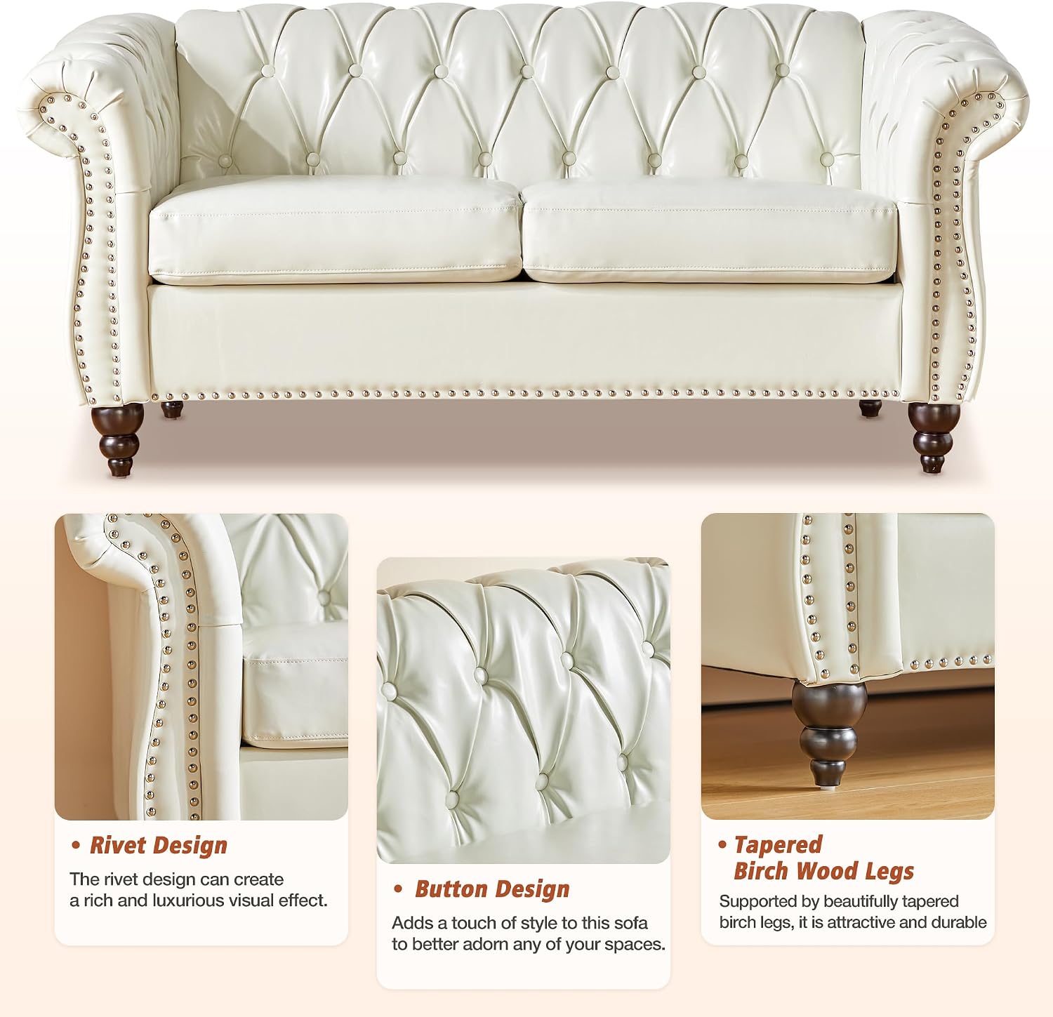 QHITTY 2 Piece Living Room Set, Sectional Chesterfield Sofa Chair Contemporary Upholstered Leather Loveseat Couch Sets for Living Room, Bedroom, Office (White)