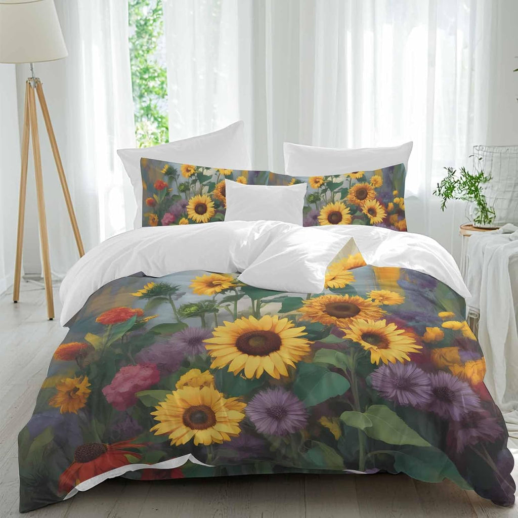 Spring Florals Duvet Cover Set Queen Size 4 Pieces Watercolor Sunflowers Country Green Leaves Bedding Set with Zipper Closure, 1 Comforter Cover 92x106 Inches 1 Flat Sheet & 2 Pillow Cases