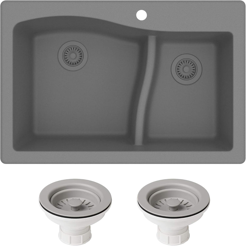 KRAUS KGD-442 Quarza 33-inch 33' Dual Mount 60/40 Double Bowl Granite Kitchen Sink in Grey