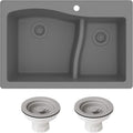 KRAUS KGD-442 Quarza 33-inch 33' Dual Mount 60/40 Double Bowl Granite Kitchen Sink in Grey