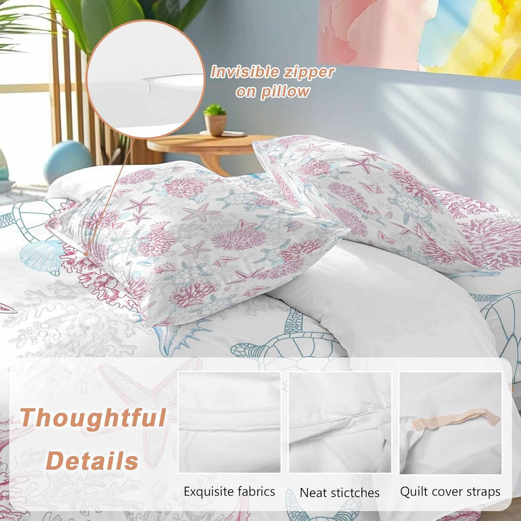 Summer Marine Life Duvet Cover Set Queen Size 4 Pieces Ocean Starfish Coral Coastal Sea Turtle Pink Bedding Set with Zipper Closure, 1 Comforter Cover 92x106 Inches 1 Flat Sheet & 2 Pillow Cases