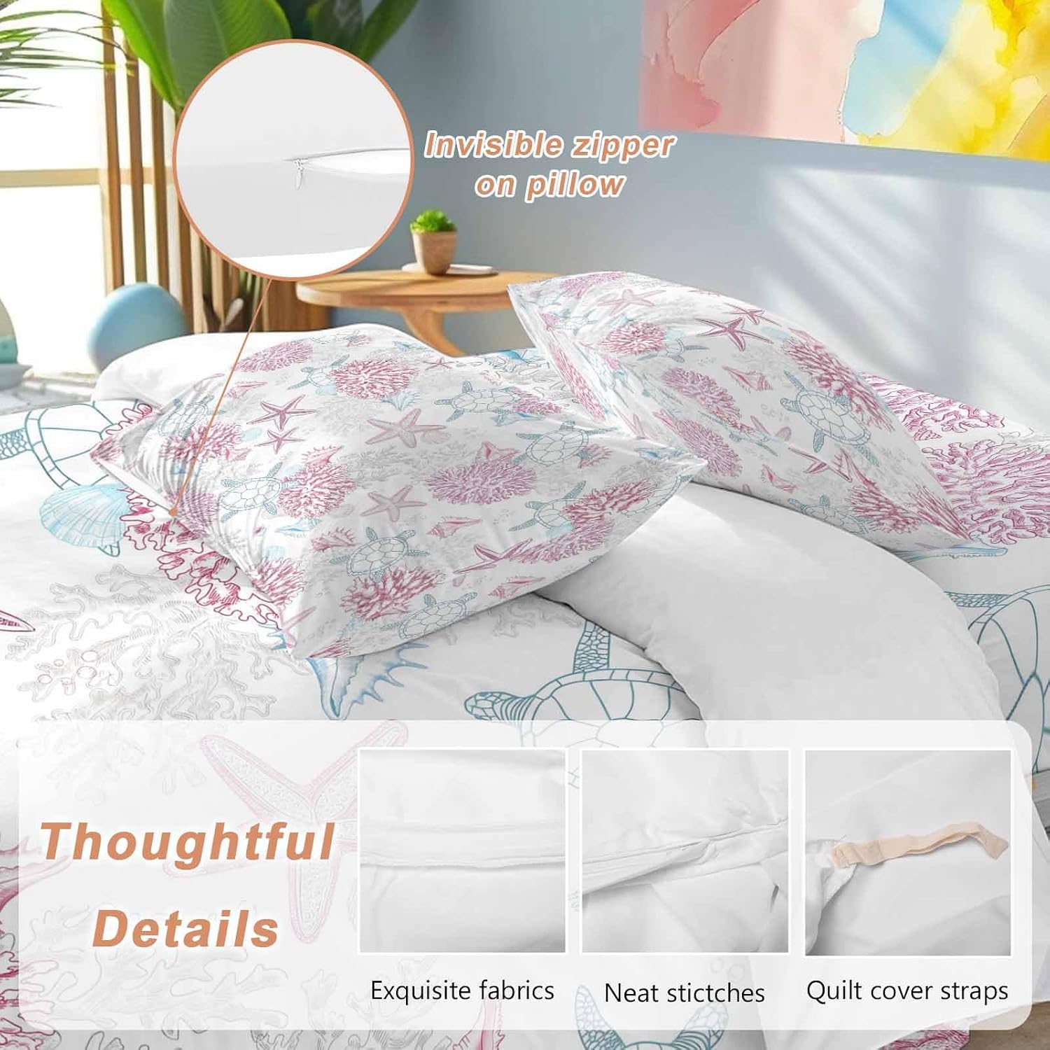 Summer Marine Life Duvet Cover Set Queen Size 4 Pieces Ocean Starfish Coral Coastal Sea Turtle Pink Bedding Set with Zipper Closure, 1 Comforter Cover 92x106 Inches 1 Flat Sheet & 2 Pillow Cases