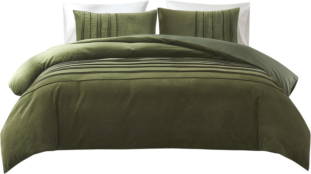 Lush Decor x Chuks Collins Pleated Groove Velvet Duvet Cover 3 Piece Set Queen Green - Velvet Bedding Set - Duvet Cover Queen - Green Duvet - Luxury Bedding