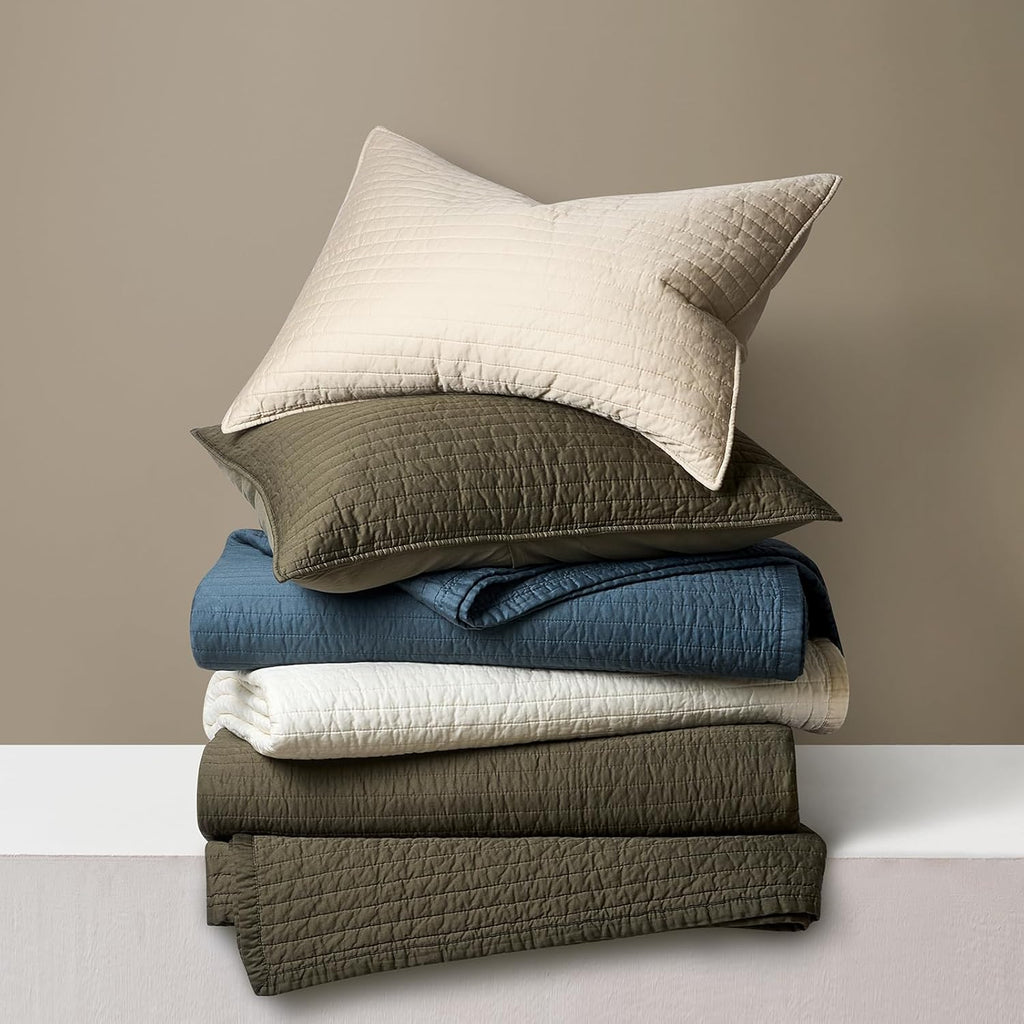 EVERGRACEHOME Cotton Sateen Quilt Set King Size, Pre-Washed Cotton Channel Stitch Coverlet Bedspread, 3 Pieces Lightweight Soft Bedding Sets for All Season, with 2 Pillow Shams, Cream
