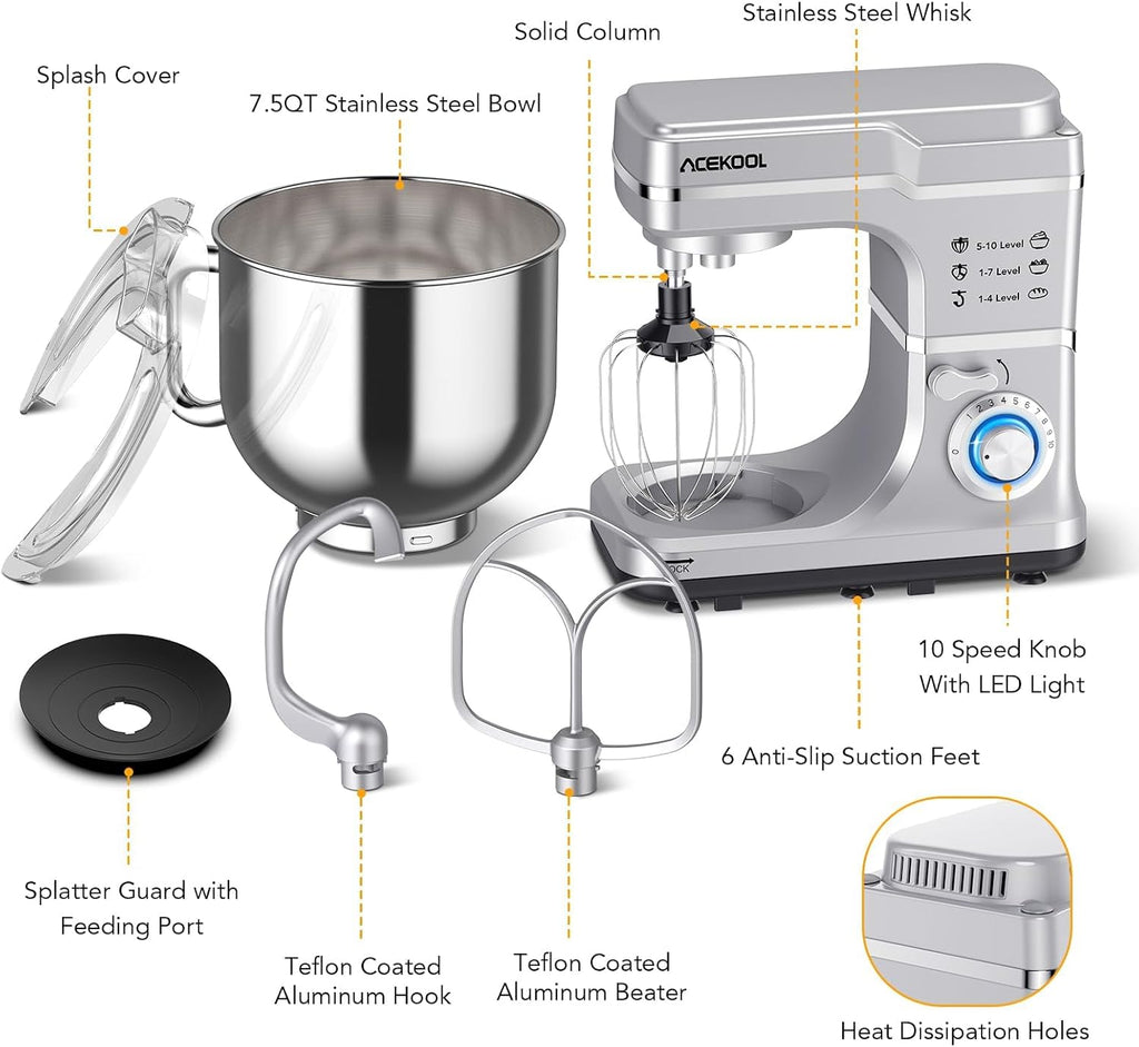 7.5 QT Stand Mixer, 10-Speed Tilt-Head Electric Dough Mixer with Stainless Steel Bowl, Includes Dough Hook, Wire Whisk, and Beater, with Splash Guard for Home Cooks, Silver