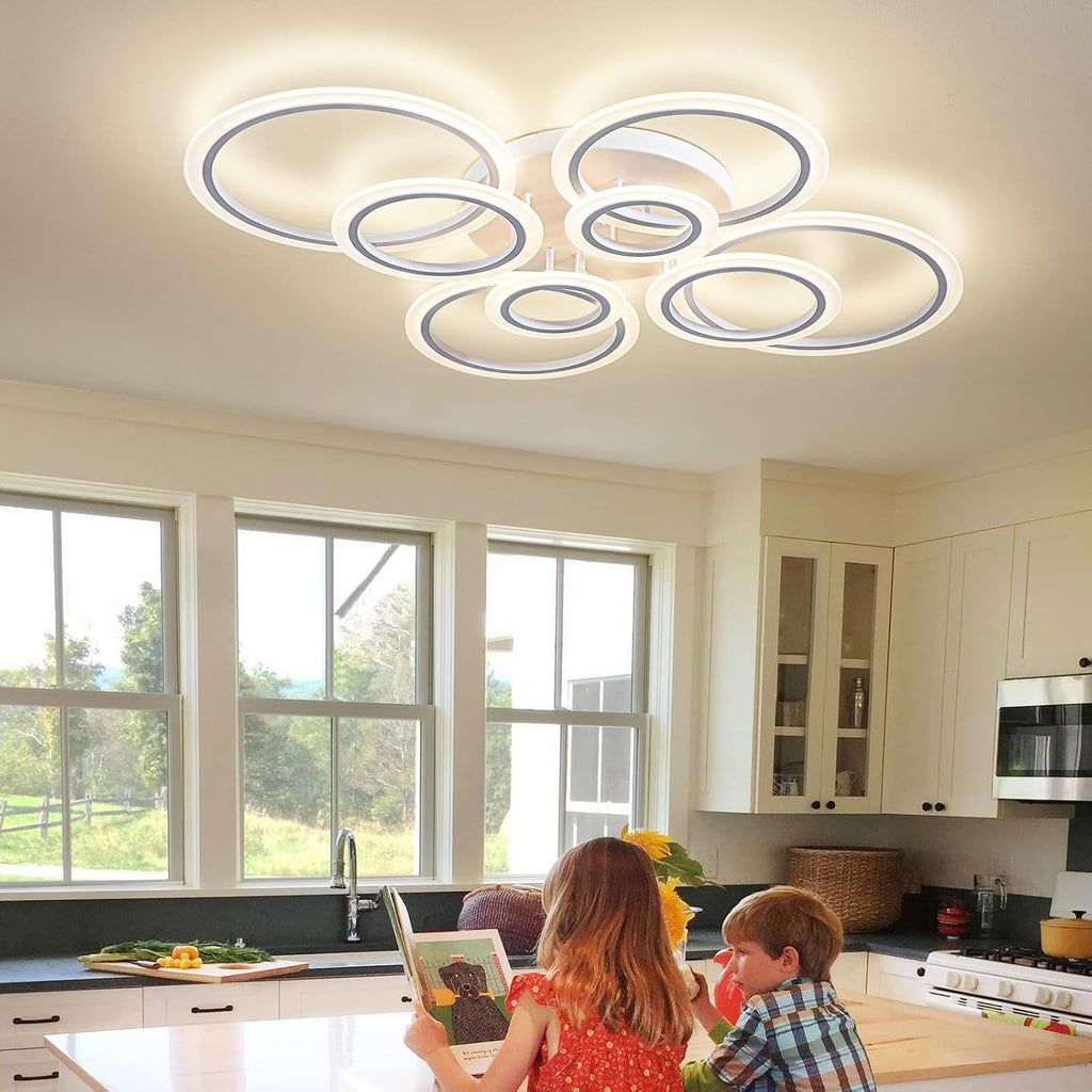 Shine LUEST Modern LED Ceiling Light, Dimmable LED Chandelier Flush Mount Ceiling Lights, Remote Control Acrylic Ring Ceiling Lamp Fixture for Living Room Dining Room Bedroom (White, 8 Rings)