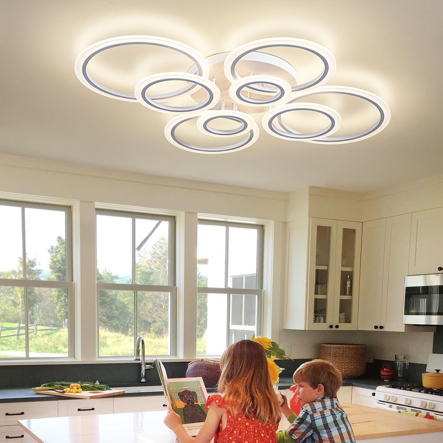 Shine LUEST Modern LED Ceiling Light, Dimmable LED Chandelier Flush Mount Ceiling Lights, Remote Control Acrylic Ring Ceiling Lamp Fixture for Living Room Dining Room Bedroom (White, 8 Rings)