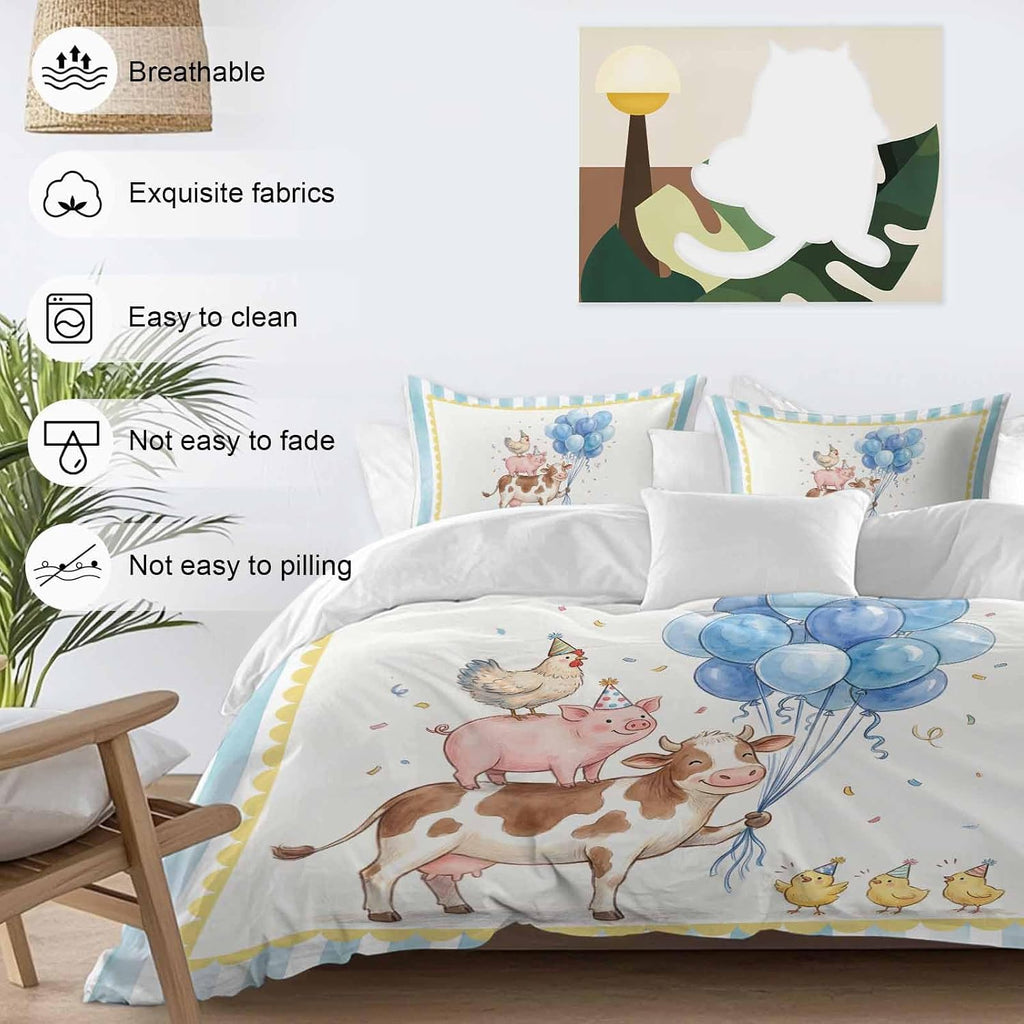 Pig Cow Duvet Cover Set Queen Size 4 Pieces Hen Chicks Blue Balloons Watercolor Animal Yellow Border Striped Bedding Set with Zipper Closure,1 Comforter Cover 92x106 Inches 1 Flat Sheet&2 Pillow Cases