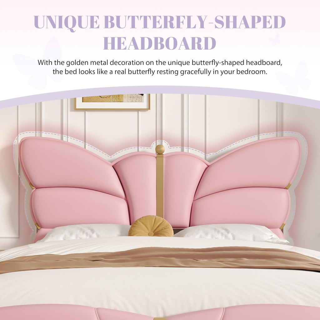 Merax PU Leather Upholstered Platform Bed with Butterfly Shaped Headboard and Footboard, Full Size Bed Frame for Bedroom, Solid Wood Slats Support, No Box Spring Needed, Easy Assembly, Light Pink