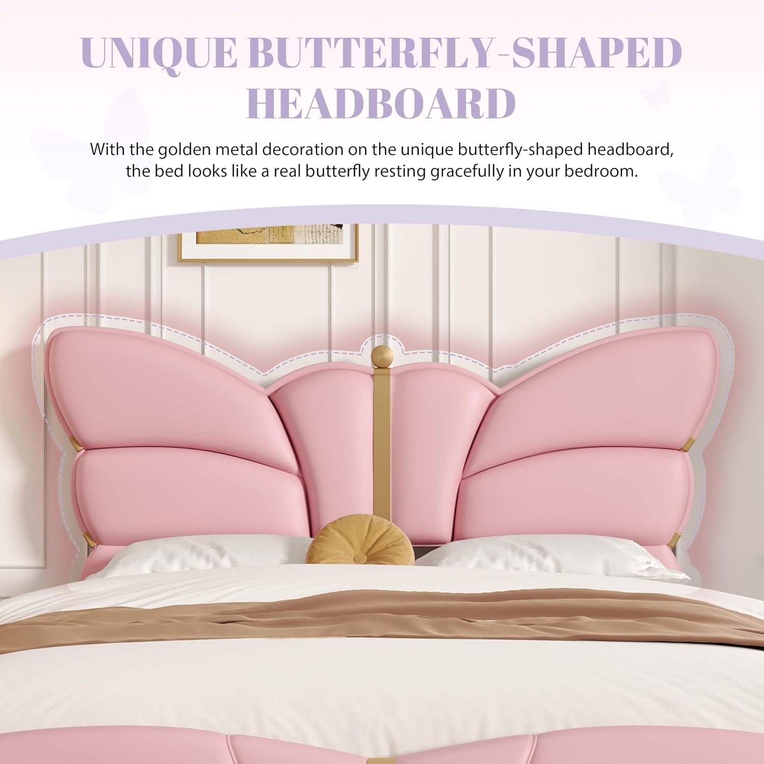 Merax PU Leather Upholstered Platform Bed with Butterfly Shaped Headboard and Footboard, Full Size Bed Frame for Bedroom, Solid Wood Slats Support, No Box Spring Needed, Easy Assembly, Light Pink