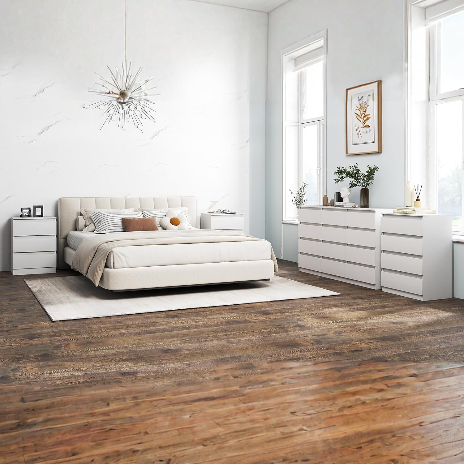 White Nightstand with 3 Drawers Set of 2,Modern Tall Bedside Table with Storage for Bedroom,End Side Table with No-Handle Design for Living Room