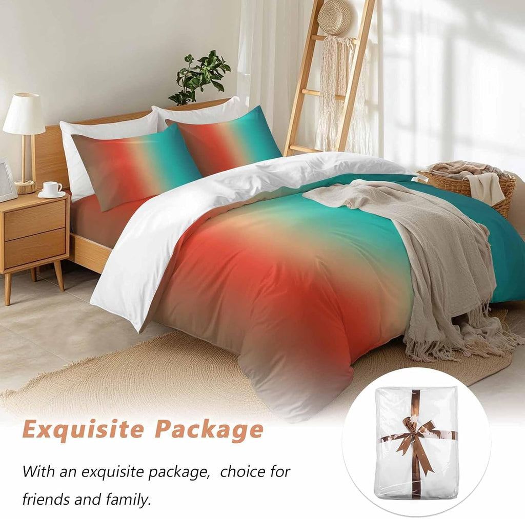Gradient Blue Green Duvet Cover Set Queen Size 4 Pieces Modern Abstract Minimalist Orange Brown Ocean Beach Bedding Set with Zipper Closure,1 Comforter Cover 86x86 Inches 1 Flat Sheet & 2 Pillow Cases