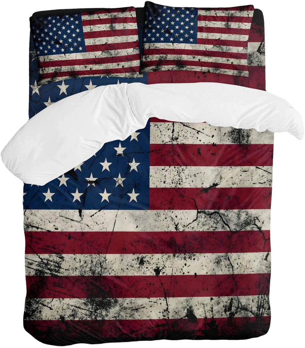 Prime Leader Independence Day Duvet Cover Set Queen Size 4 Pieces Mottled U. S. Flag Shabby Chic Vintage Bedding Set with Zipper Closure, 1 Comforter Cover 92x106 Inches 1 Flat Sheet & 2 Pillow Cases