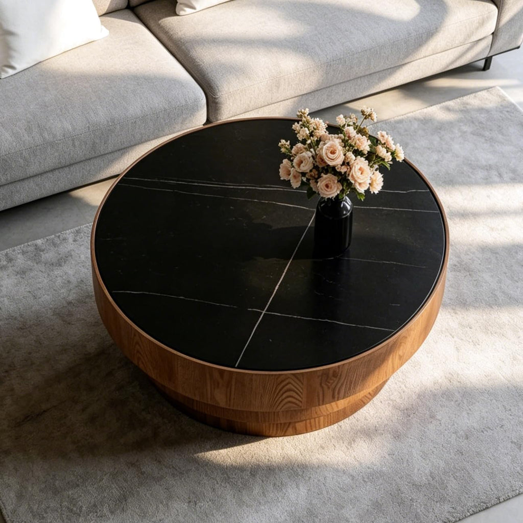 Black Round Coffee Table, 31.5' Round Coffee Table with Sintered Stone Tabletop and MDF with Wood Veneer Tiered Base, Modern Low Profile Circle Cocktail Tea Table for Living Room