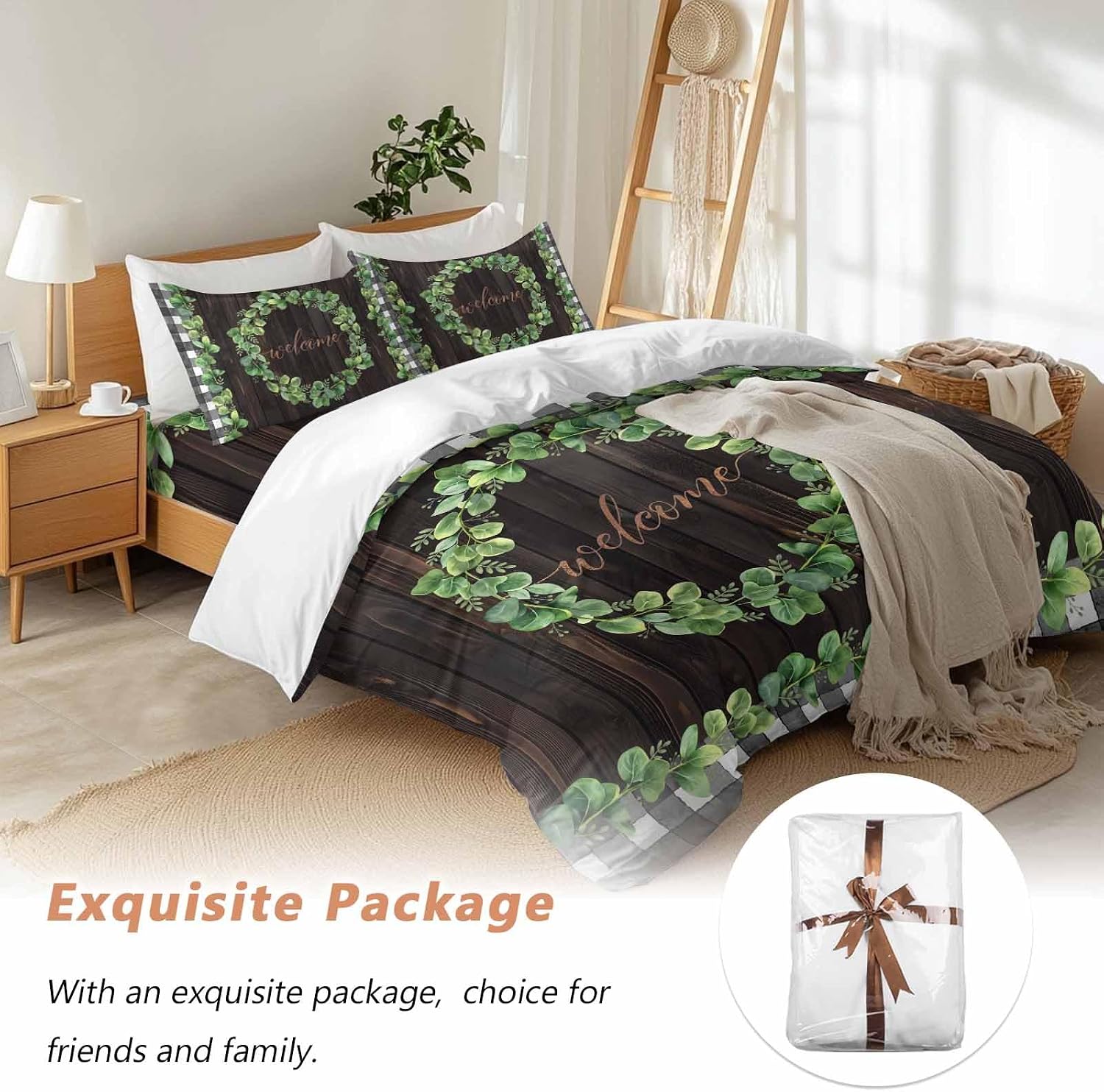 Welcome Duvet Cover Set Queen Size 4 Pieces Spring Eucalyptus Leaf Plaid Farmhouses Brown Wood Bedding Set with Zipper Closure, 1 Comforter Cover 90x92 Inches 1 Flat Sheet & 2 Pillow Cases