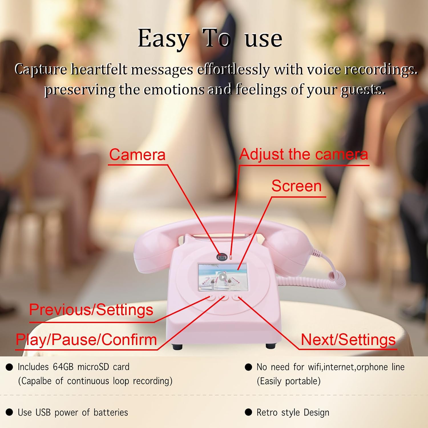 Video Audio Guest Book Wedding Phone, 1080P HD Video Audio Phone Guestbook, Preserve Your Special Occasions, Ideal for Wedding Bridal Shower, Birthday, Graduations, Baby Shower (Pink)