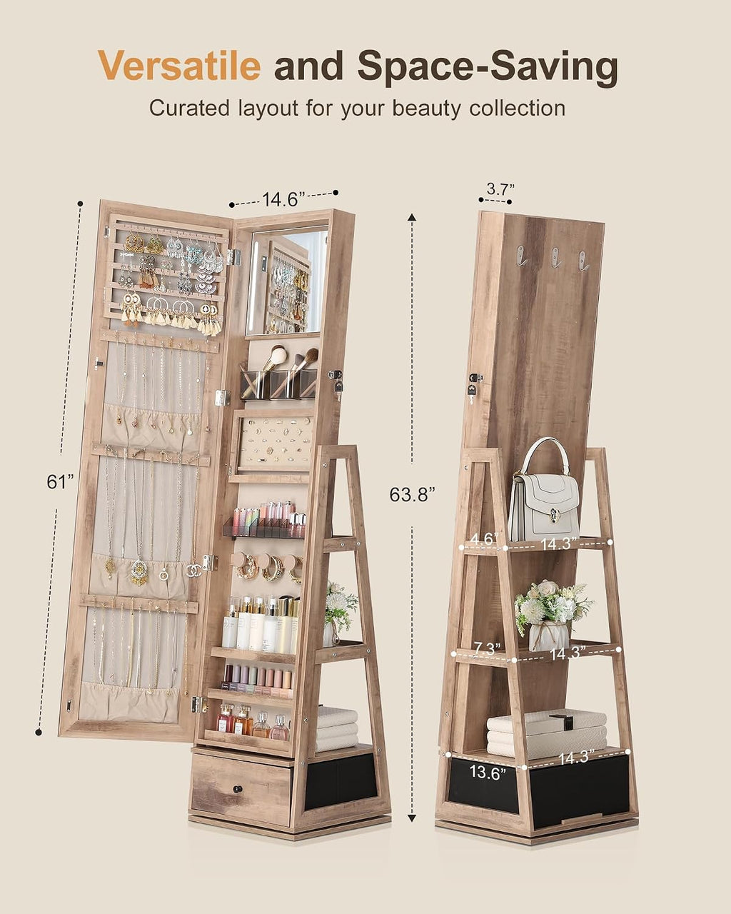 Nicetree 360° Swivel Jewelry Cabinet with Lights, Touch Screen Vanity Mirror, Rotatable Full Length Mirror with Jewelry Storage, Standing Jewelry Armoire Organizer, Foldable Makeup Shelf, Toasted Oak