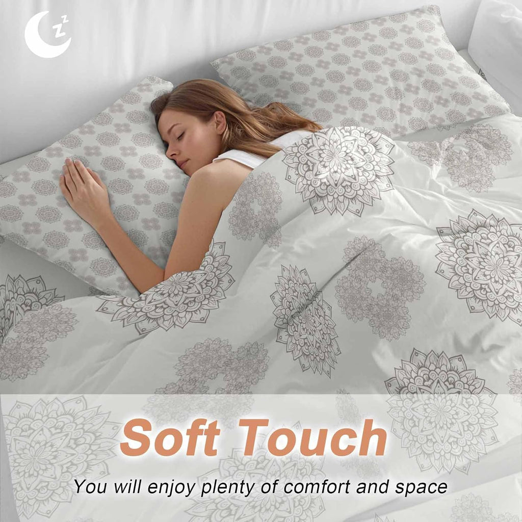 Grey Boho Flower Duvet Cover Set Queen Size 4 Pieces Abstract Bosemia Geometric Graphic Rustic Country Bedding Set with Zipper Closure, 1 Comforter Cover 92x106 Inches 1 Flat Sheet & 2 Pillow Cases