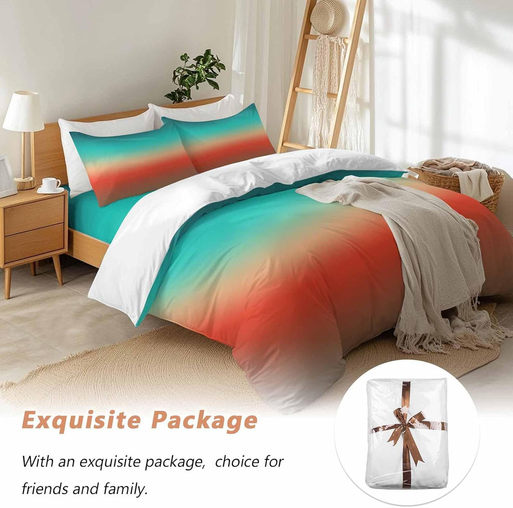 Bohemian Gradient Red Duvet Cover Set Queen Size 4 Pieces Modern Minimalist Green Brown Ocean Beach Bedding Set with Zipper Closure, 1 Comforter Cover 86x86 Inches 1 Flat Sheet & 2 Pillow Cases