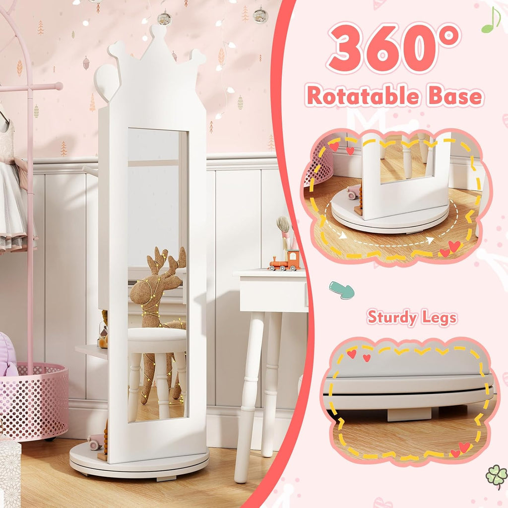 GLACER Kids Vanity with Stool, Rotatable Kids Jewelry Armoire, Kids Vanity Table and Chair Set w/Coat Rack, Storage Shelves, Full-Length Mirror, Solid Wood Legs, Kids Bedroom Furniture (White)