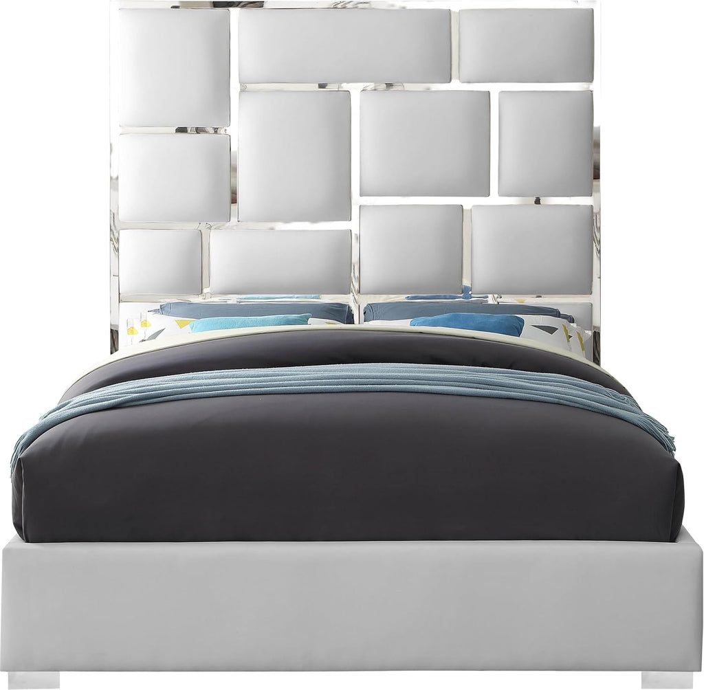 Meridian Furniture MilanWhite-K Milan Collection Modern Contemporary Vegan Leather Upholstered Bed, Custom Chrome Metal Legs, Geometric Designed Headboard, 81.5' W x 84.5' D x 70' H, White, King