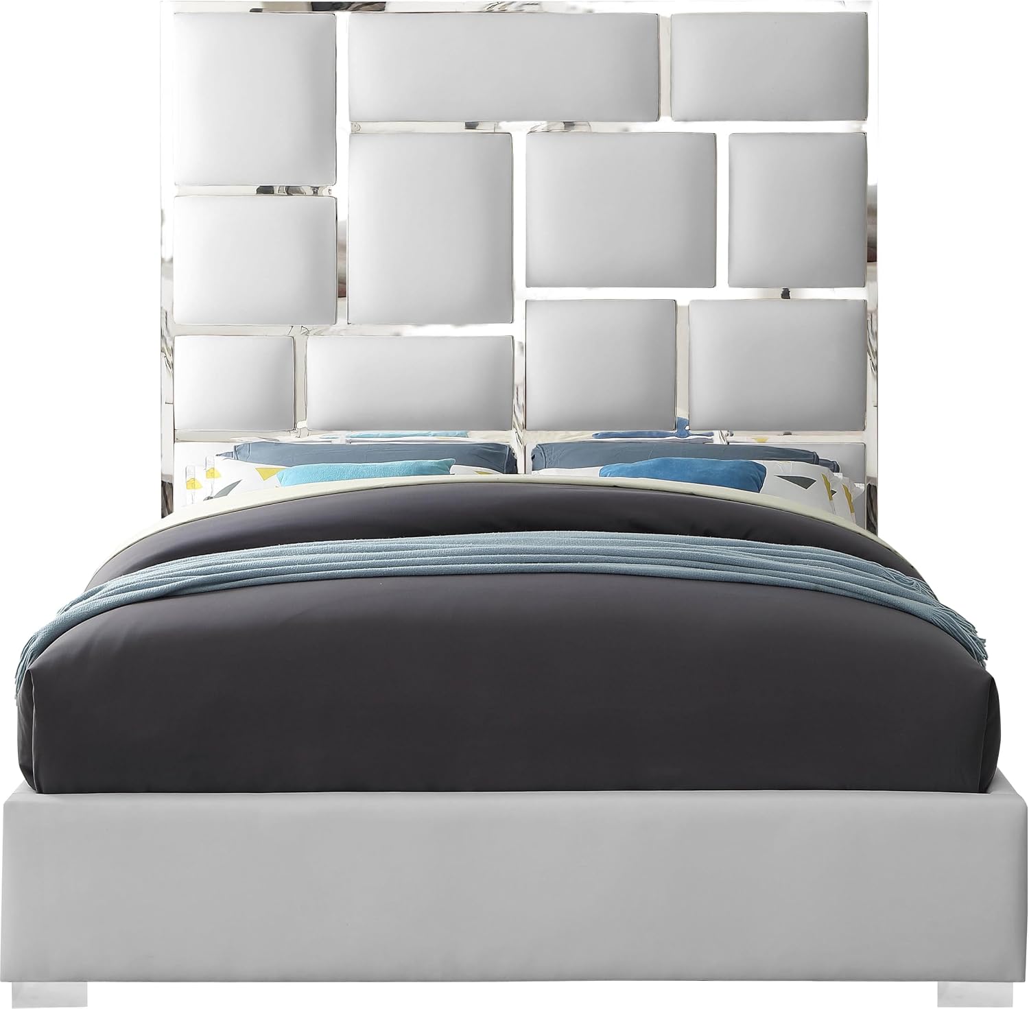 Meridian Furniture MilanWhite-K Milan Collection Modern Contemporary Vegan Leather Upholstered Bed, Custom Chrome Metal Legs, Geometric Designed Headboard, 81.5' W x 84.5' D x 70' H, White, King