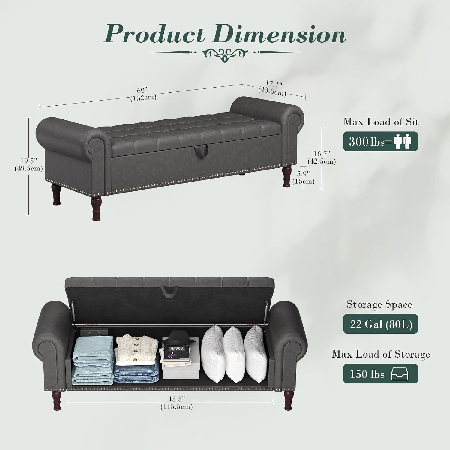 Apicizon 60' Bench with Storage, Upholstered Tufted Button Bedroom Bench with Storage, Faux Leather End of Bed Bench with Rolled Arms, Storage Ottoman Bench for Bedroom, Living Room, Entryway, Gray