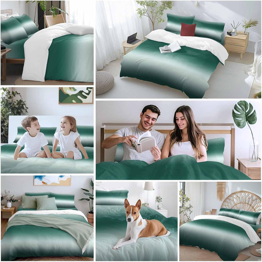 Gradient Green Duvet Cover Set Queen Size 4 Pieces Modern Minimalist Black Green Ocean Beach Bedding Set with Zipper Closure, 1 Comforter Cover 92x106 Inches 1 Flat Sheet & 2 Pillow Cases