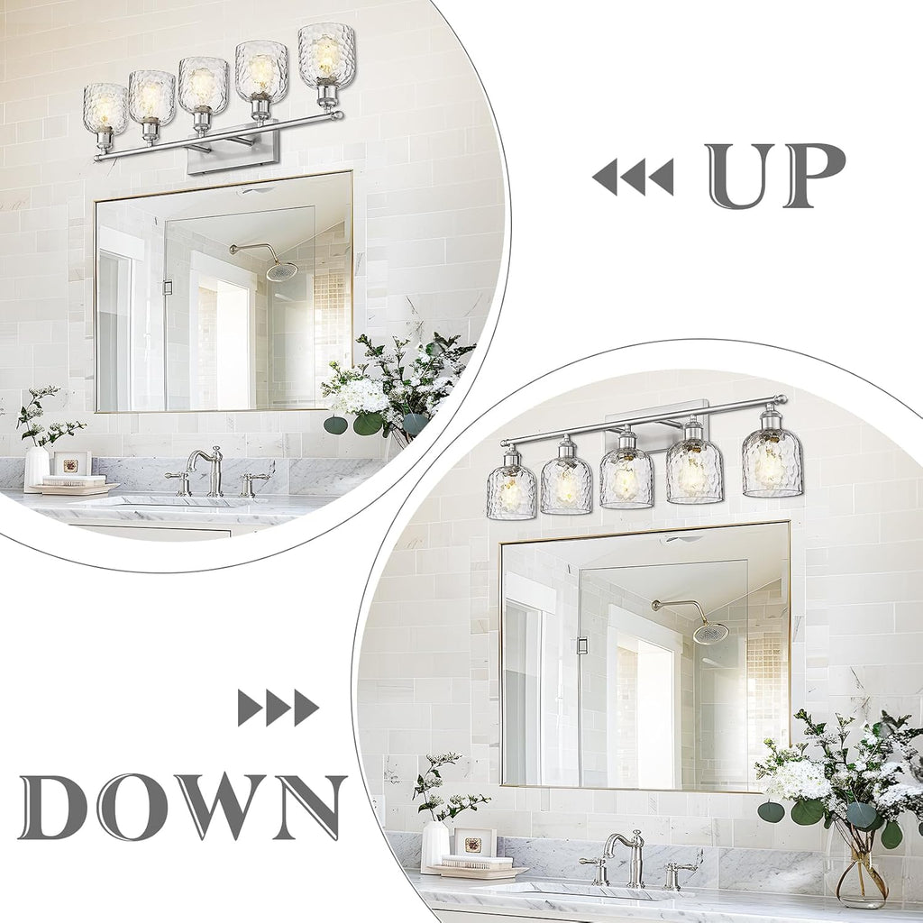 zeyu Modern Brushed Nickel Bathroom Lights Fixture, 35 Inch 5 Light Vanity Lighting Over Mirror, Brushed Nickel Finish with Clear Hammered Glass, ZJF63B-5W BN