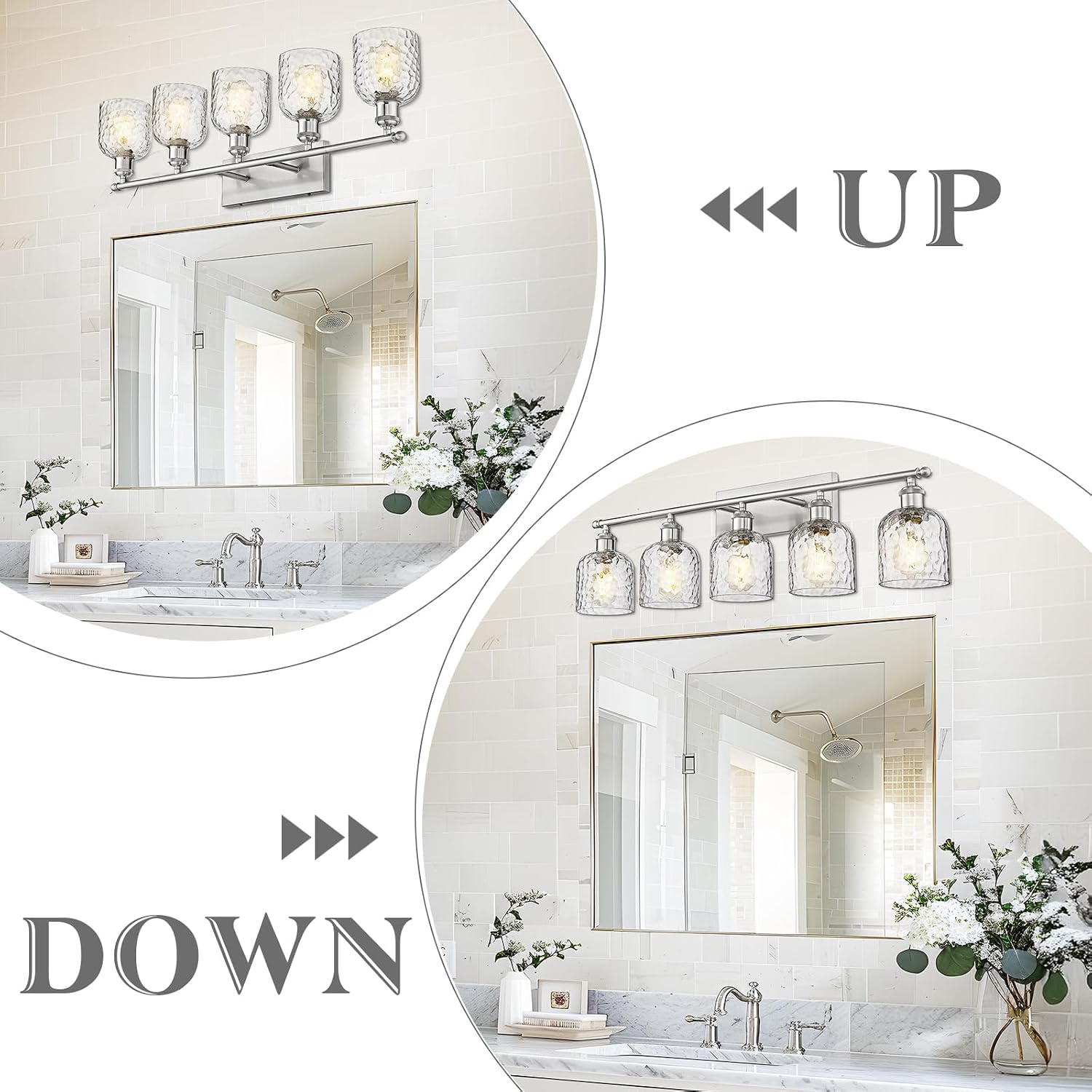 zeyu Modern Brushed Nickel Bathroom Lights Fixture, 35 Inch 5 Light Vanity Lighting Over Mirror, Brushed Nickel Finish with Clear Hammered Glass, ZJF63B-5W BN