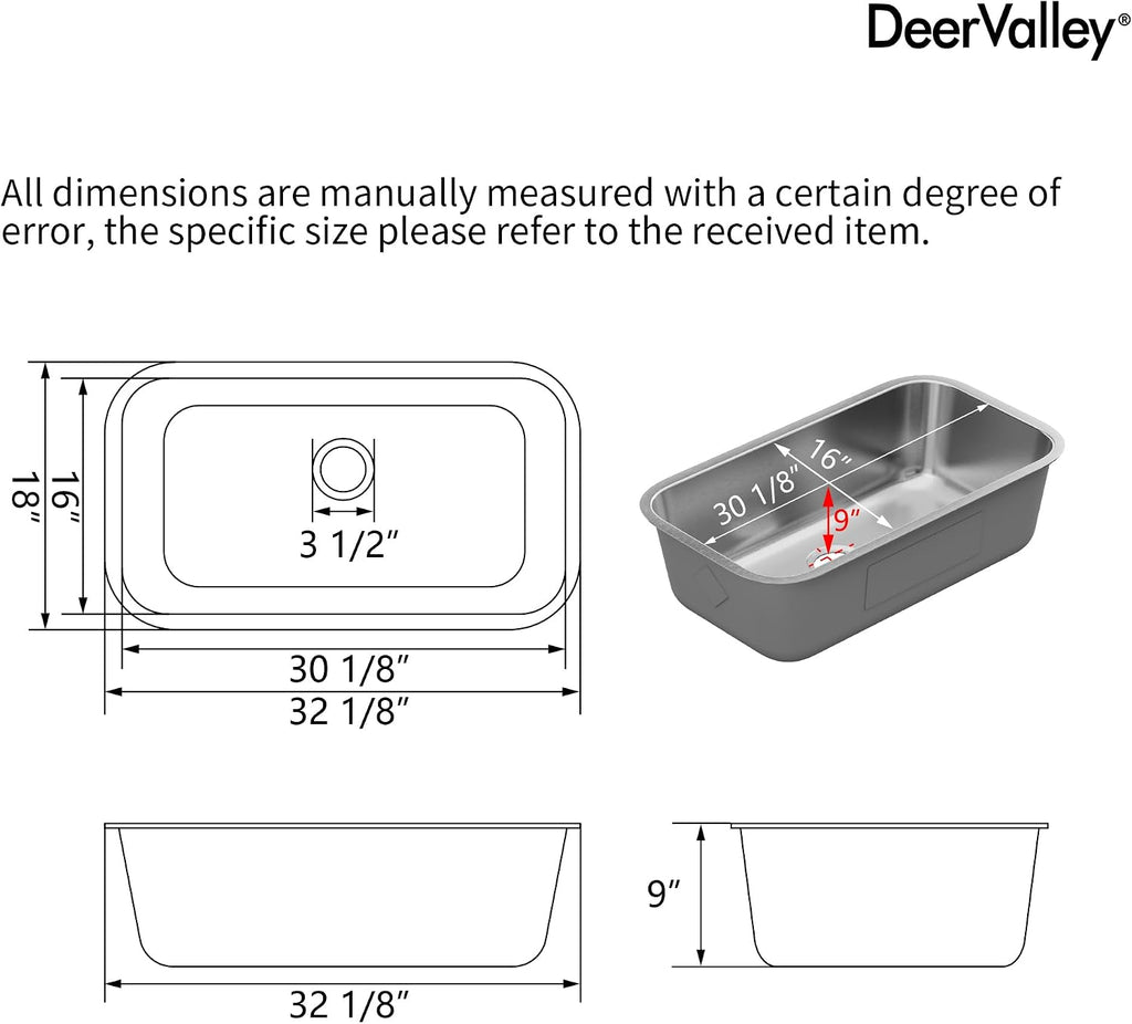 DeerValley 32 Inch Undermount Kitchen Sink 18 Gauge Stainless Steel Kitchen Sink Spacious Single Bowl Sinks with Basket Strainer Curved Shape Round Corner Deep Sinks for Modern Kitchens