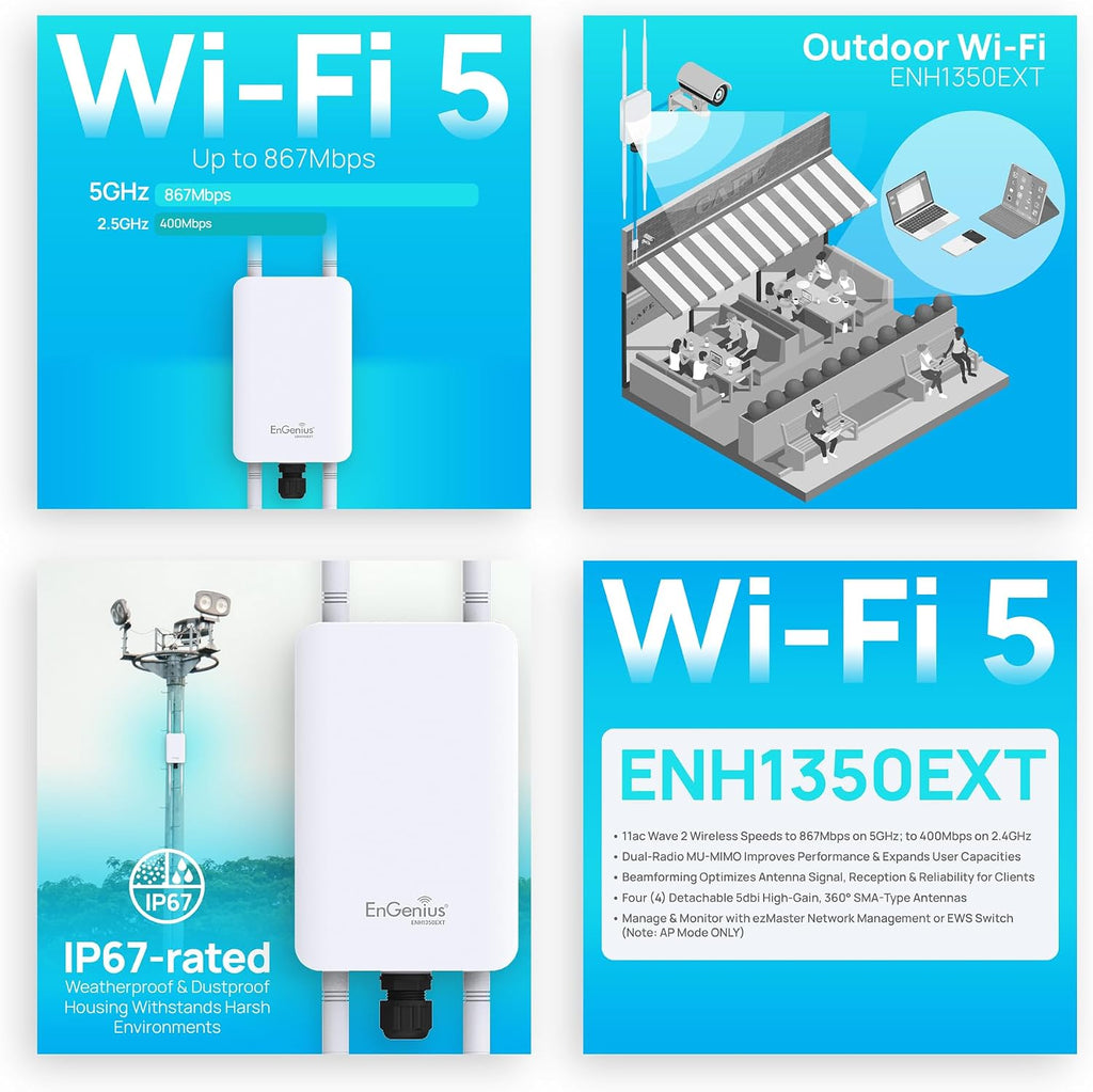 EnGenius ENH1350EXT Wi-Fi 5 AC1300 Outdoor Access Point - IP67 Weatherproof, Dual-Band Long Range Extender, MU-MIMO, PoE Injector & Mounting Kit Included