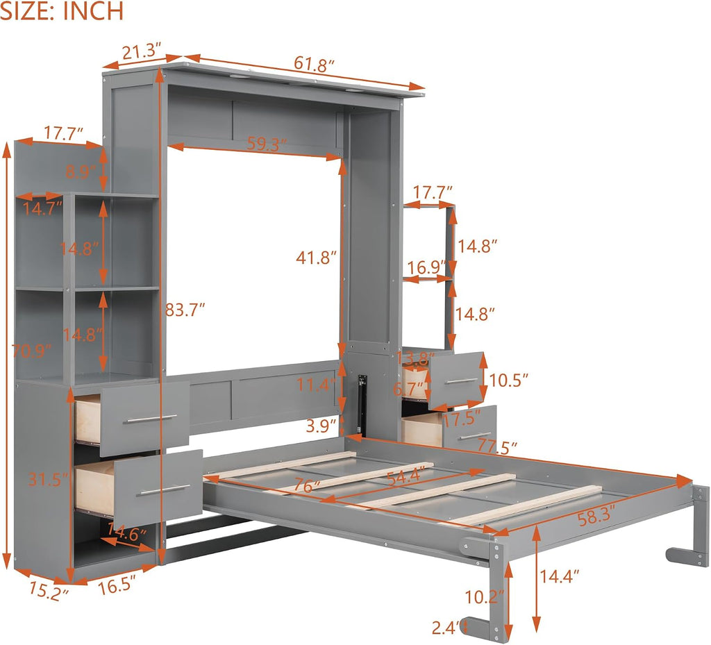 MERITLINE Full Murphy Bed with Storage Drawers,LED Lights and Storage Bookcase Shelves,Wood Murphy Wall Bed Cabinet with LED for Adults