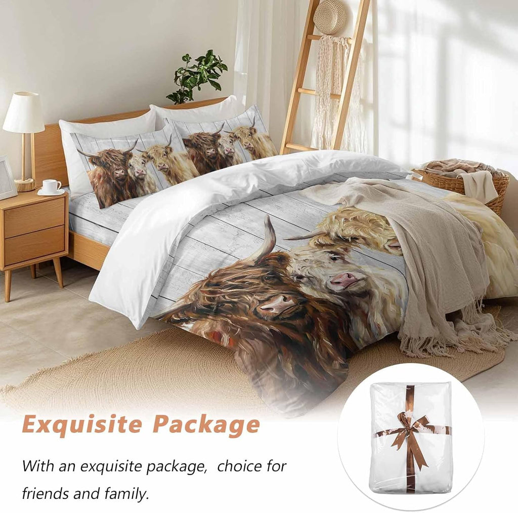 Farm Highland Cattles Duvet Cover Set Queen Size 4 Pieces Farmhouse Brown Cow Country Gray Wood Grain Bedding Set with Zipper Closure, 1 Comforter Cover 92x106 Inches 1 Flat Sheet & 2 Pillow Cases