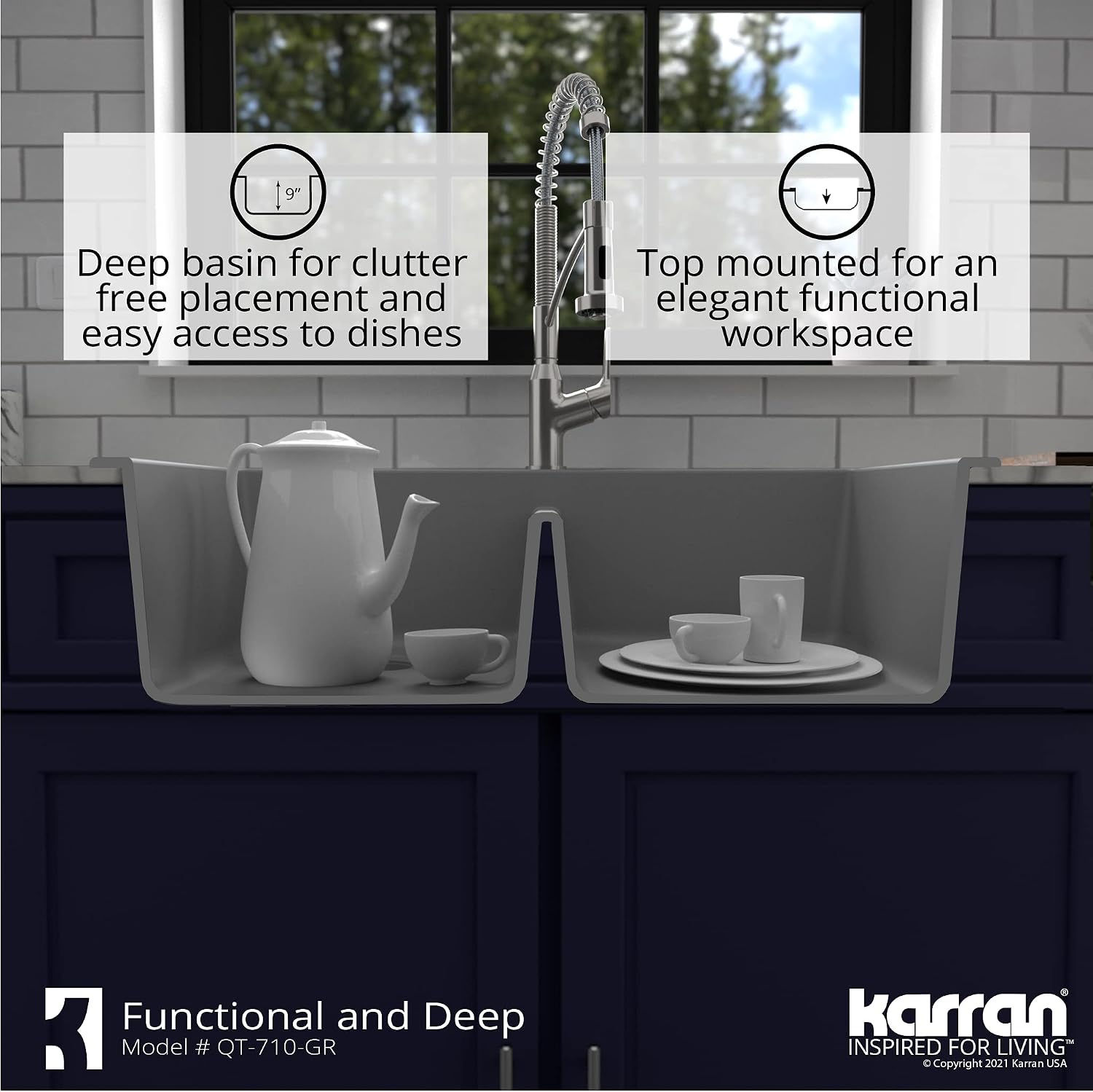 Karran QT-710 33 Inch Top Mount Double Bowl Kitchen Sink, 50/50 Low Divide Quartz Composite Drop-In Sink, Rear Drain, Heat and Scratch Resistant, Grey