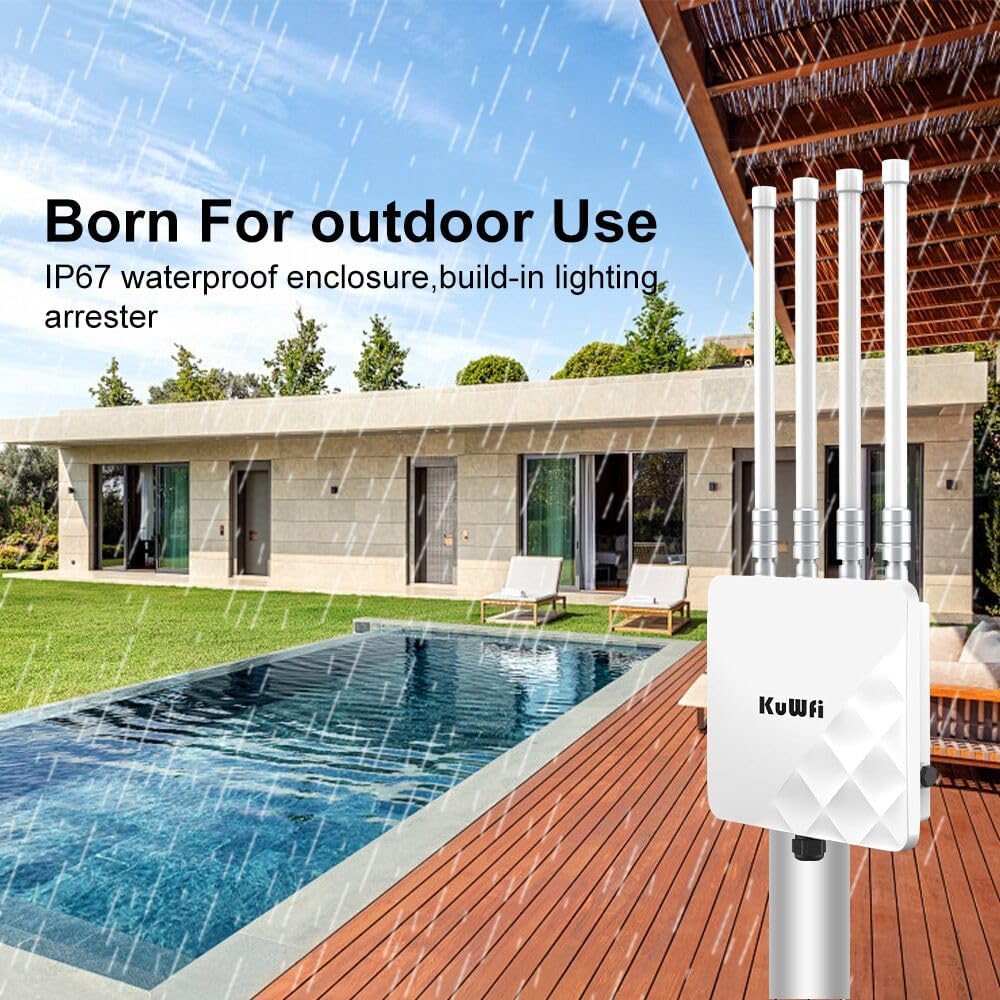 KuWFi Outdoor WiFi 6 Access Point, 3000Mbps Long Range Extender, IP67 Waterproof, PoE+ Powered, Cloud Managed, Supports 256 Users, Ideal for 300-500m Coverage, Compatible with Starlink
