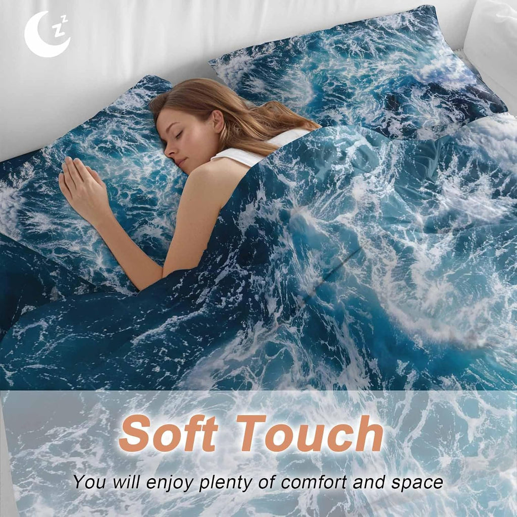 Dark Blue Ocean Scenery Duvet Cover Set Queen Size 4 Pieces Ombre Sea Waves Natural Modern Art Bedding Set with Zipper Closure, 1 Comforter Cover 92x106 Inches 1 Flat Sheet & 2 Pillow Cases