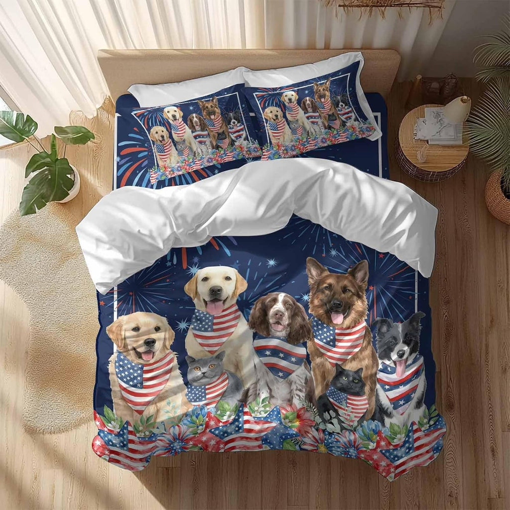 Independence Day Dog Cat Duvet Cover Set Queen 4 Pieces Watercolor Red Blue Stripe Star Flag Firework Blue Bedding Set with Zipper Closure,1 Comforter Cover 92x106 Inch 1 Flat Sheet&2 Pillow Cases