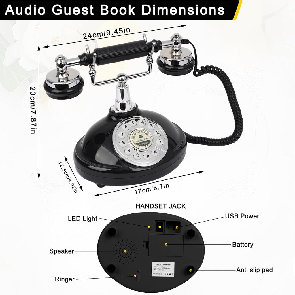 Audio Guest Book Wedding Phone, Record Customized Audio Message with Guest Book Retro Phone Audio GuestBook for Wedding Birthday Party Confession (Battery is Included)