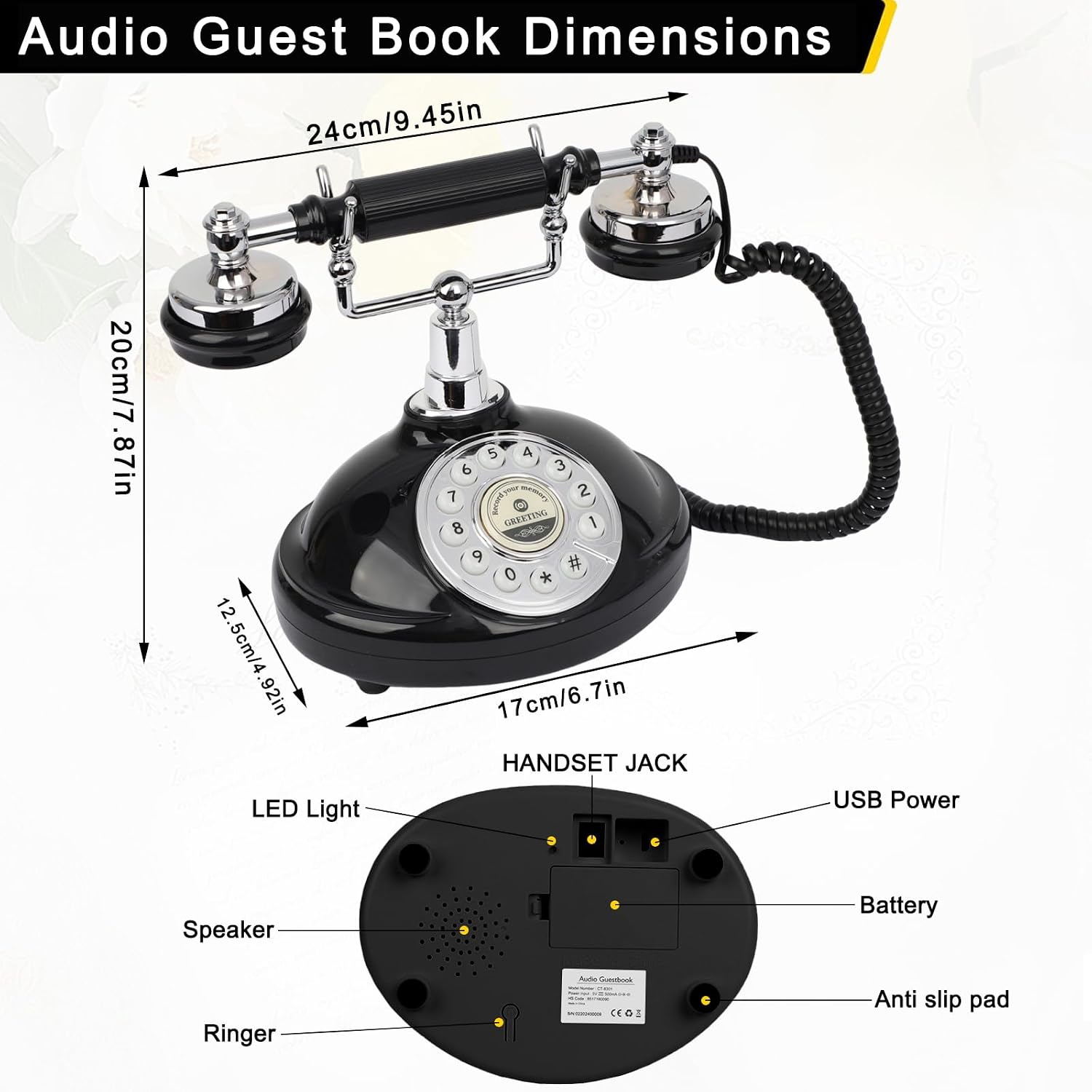 Audio Guest Book Wedding Phone, Record Customized Audio Message with Guest Book Retro Phone Audio GuestBook for Wedding Birthday Party Confession (Battery is Included)