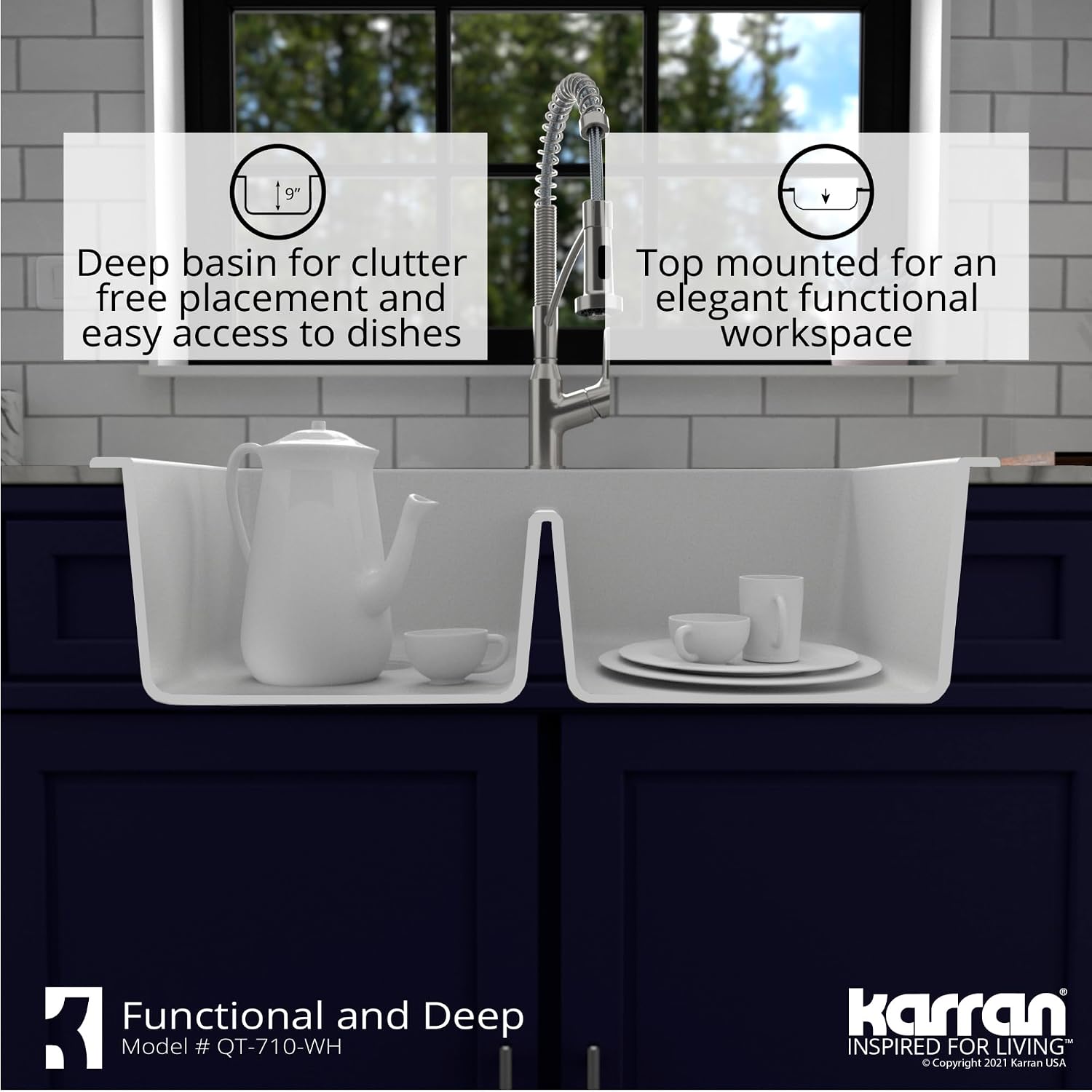Karran QT-710 33 Inch Top Mount Double Bowl Kitchen Sink, 50/50 Low Divide Quartz Composite Drop-In Sink, Rear Drain, Heat and Scratch Resistant, White