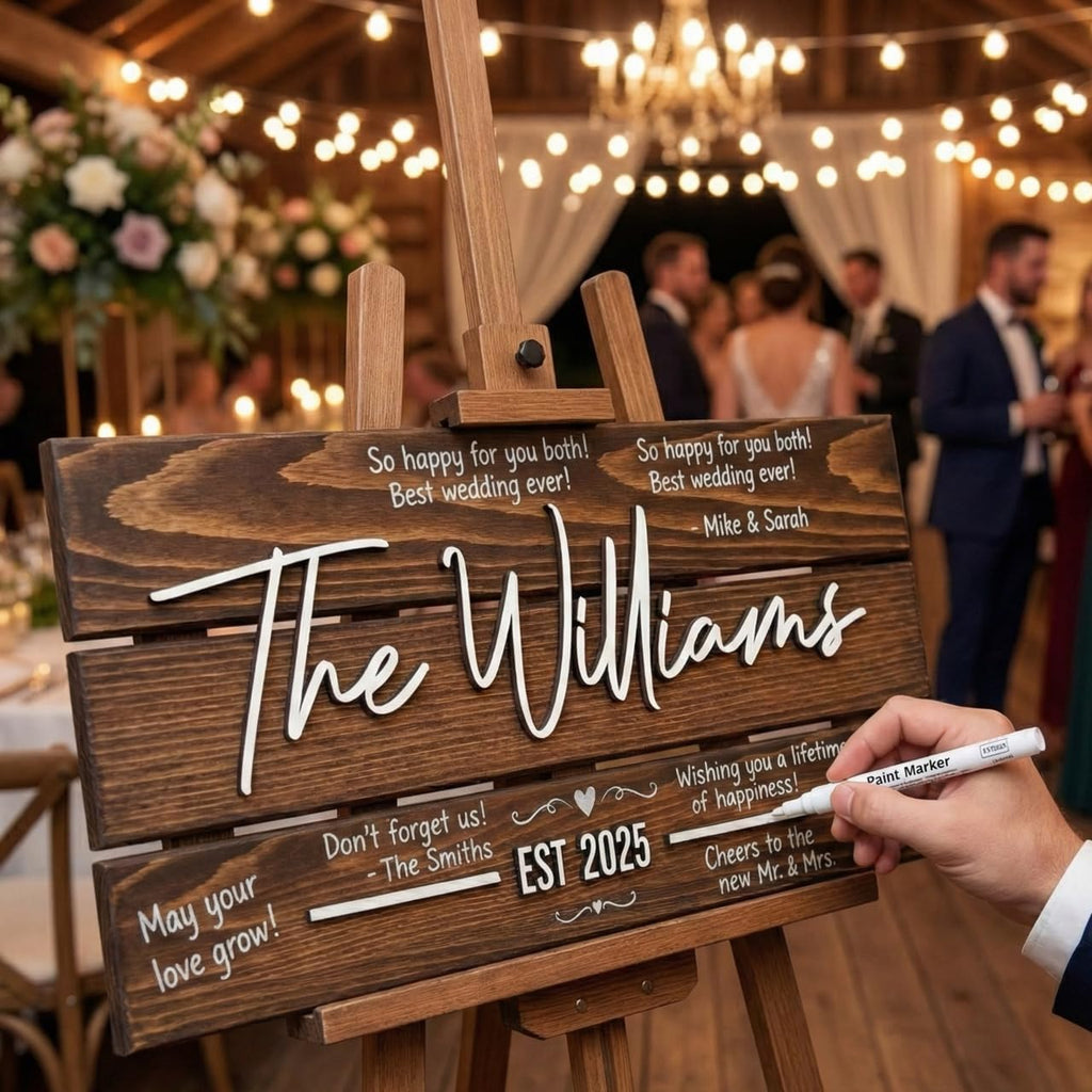 Personalized 4-Plank Wooden Wedding Guest Book Alternative Sign, Rustic Reception Decor with 3D Custom Last Name & Date, Unique Writeable Keepsake Signature Board for Couple, 28'x13' (Large)