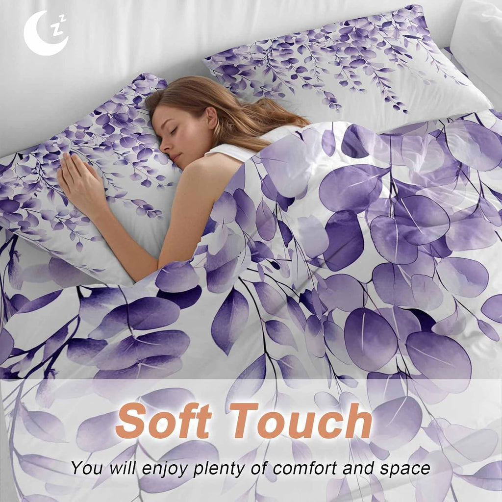 Purple Leaves Duvet Cover Set Queen Size 4 Pieces Eucalyptus Leaf Watercolor Plant Botanical Bedding Set with Zipper Closure, 1 Comforter Cover 92x106 Inches 1 Flat Sheet & 2 Pillow Cases