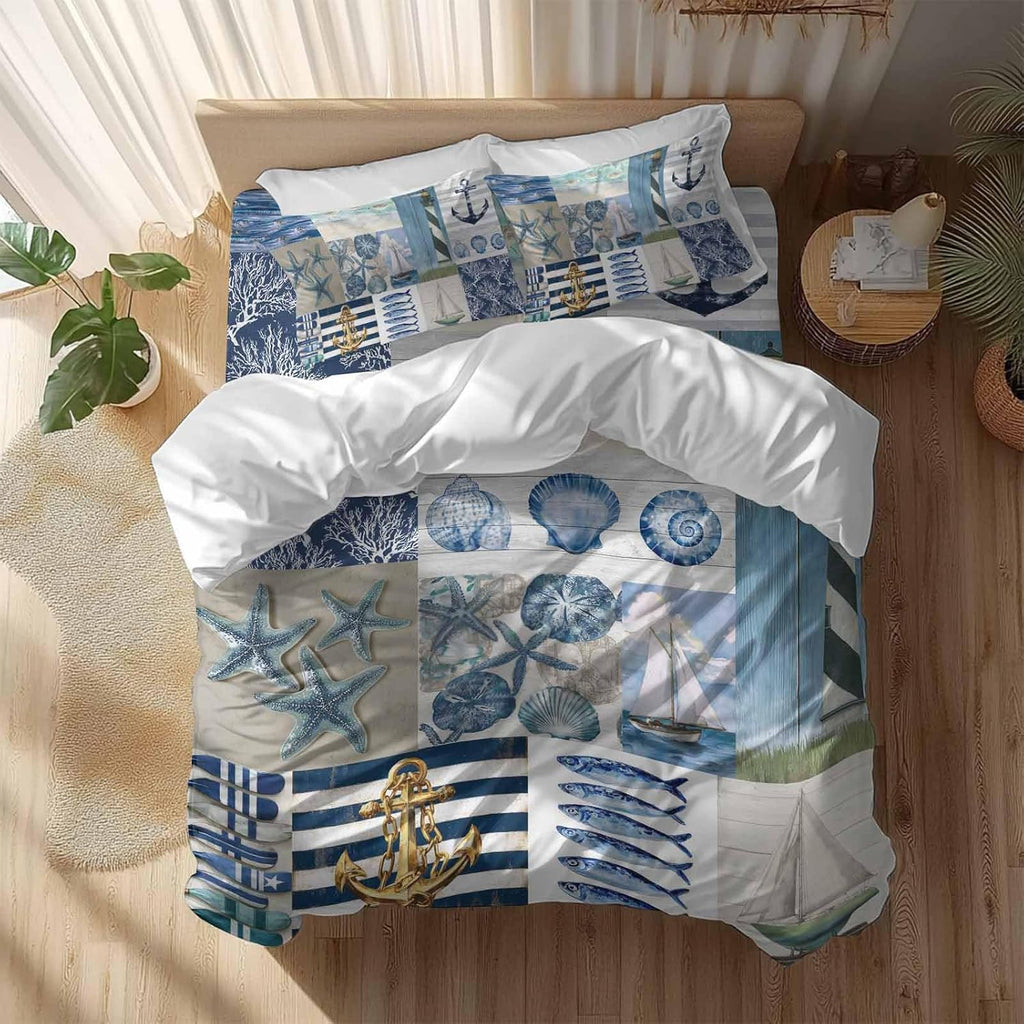 Summer Nautical Duvet Cover Set Queen Size 4 Pieces Blue Starfish Shells Anchor Boat Patchwork Bedding Set with Zipper Closure, 1 Comforter Cover 92x106 Inches 1 Flat Sheet & 2 Pillow Cases
