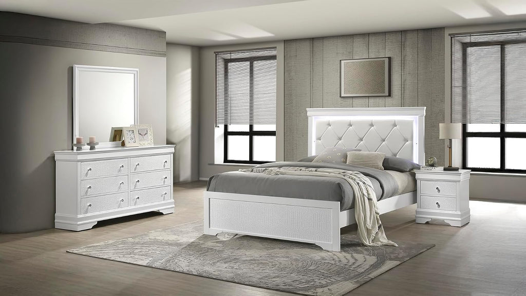 Upholstered Modern Style 4 Pc Full Bedroom Set with LED Headboard Made with Wood in White