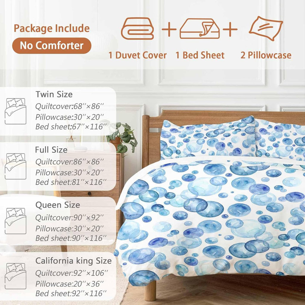 Prime Leader Blue Bubbles Duvet Cover Set Queen Size 4 Pieces Watercolor Gradient Bubble Summer Ocean Bedding Set with Zipper Closure, 1 Comforter Cover 90x92 Inches 1 Flat Sheet & 2 Pillow Cases